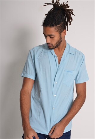 VINTAGE BURBERRY GOLF MENS SHORT SLEEVE SHIRT BLUE