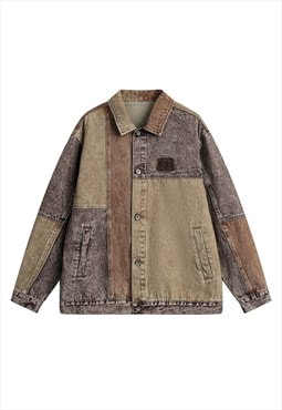 Contrast pattern denim shirt long sleeve jean blouse brown