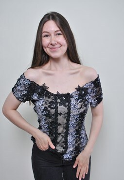90's off shoulder black blouse, vintage lace flowers top 