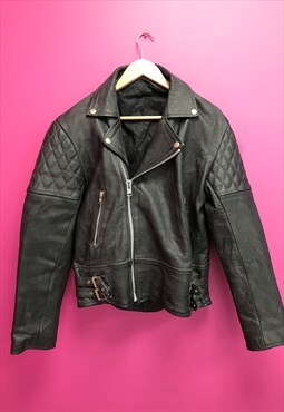 Vintage Biker Jacket Black Leather Quilted 