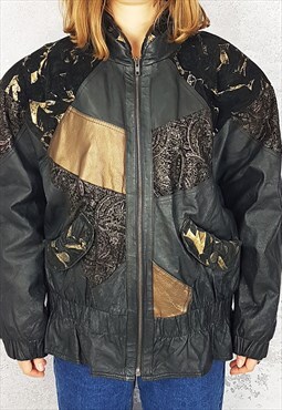 Leather bomber jacket with gold patches