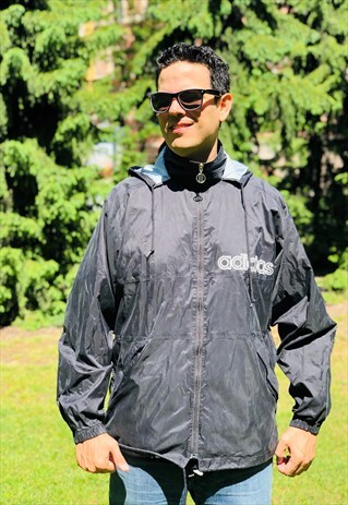 ADIDAS WINDBREAKER JACKET BLACK VINTAGE 90S HOODIE SOCCER