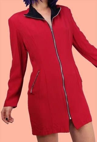 VINTAGE 80'S BLAZER MINI DRESS FRONT ZIPPER PADDED SHOULDERS