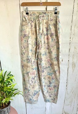 Vintage Retro Pastel Floral High Waisted 80's Linen Jeans