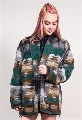 VINTAGE 90'S AZTEC PATTERN OPEN FRONT BLAZER JACKET COAT