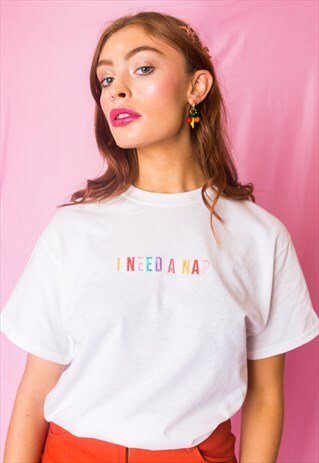 I NEED A NAP EMBROIDERED WHITE T-SHIRT