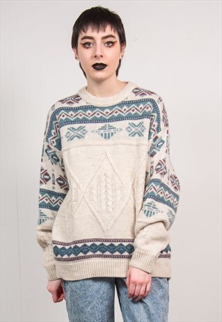 VINTAGE 90'S CREAM FAIRISLE PATTERN KNIT OVERSIZED JUMPER