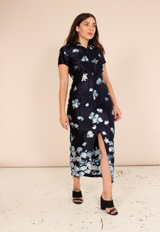 VINTAGE 90S SATIN MAXI PARTY DRESS IN FLORAL PRINT