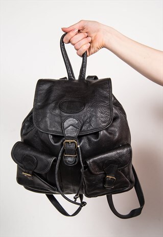 VINTAGE BLACK FAUX LEATHER RUCKSACK BACKPACK