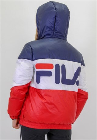 VINTAGE FILA SPELL OUT LOGO STRIPE COAT IN XXXS