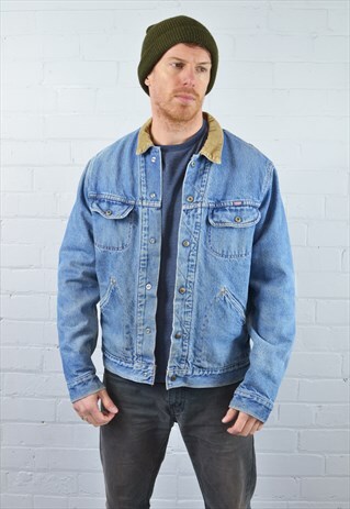 VINTAGE MID BLUE CORDUROY COLLARED LINED DENIM