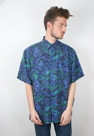 VINTAGE BLUE GREEN CRAZY PATTERNED SUMMER SHIRT