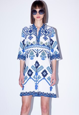 BOHO STYLE PRINTED SUMMER DRESS WITH 3/4 SLEEVES