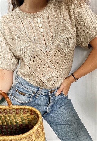 VINTAGE 90S RUSTIC MILKMAID CROCHET KNIT BOHEME BLOUSE TOP