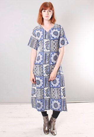 VINTAGE 80S ABSTRACT TIE BACK BUTTON MAXI DRESS
