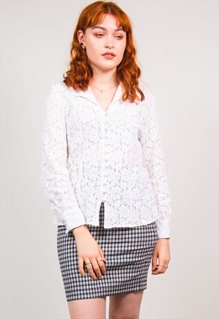 VINTAGE 90'S WHITE FLORAL LACE MESH SHIRT BLOUSE