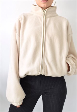 VINTAGE 80S 90S CREAM OFF WHITE SPORTS LUXE ZIP UP FLEECE