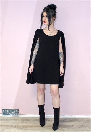 90S VINTAGE STYLE BLACK SHIFT EVENING CAPE DRESS GOTHIC MINI