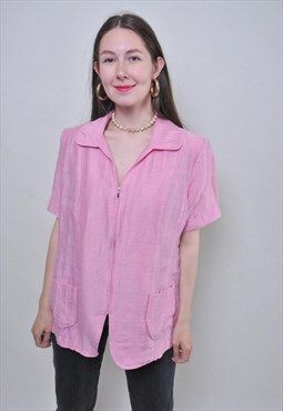 Vintage minimalist pink blouse, retro zipped up shirt 