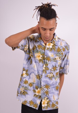 MENS VINTAGE HAWAIIAN SHIRT LARGE BLUE 90S