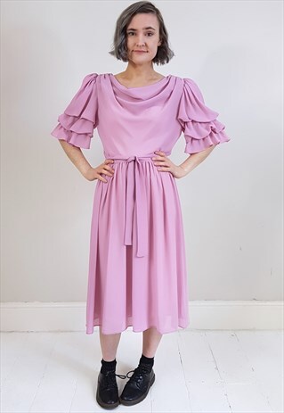 VINTAGE 80'S DUSTY PINK SHEER FRILL SLEEVE DRESS