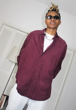 Vintage 90s Maroon Red Corduroy Casual Button Down Shirt 