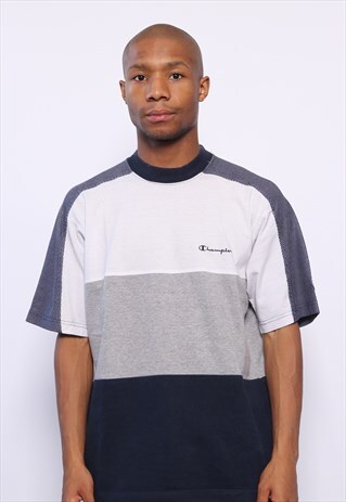 VINTAGE CHAMPION LOGO BLOCK COLOUR T-SHIRT WHITE BLUE GREY