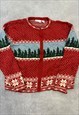 VINTAGE KNITTED CARDIGAN TREE PATTERNED ZIP UP SWEATER