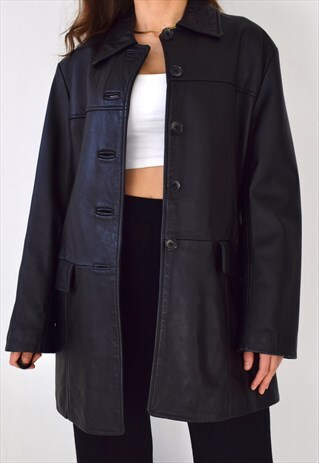 VINTAGE 80S 90S BUTTON BLACK LEATHER BLAZER JACKET LONG