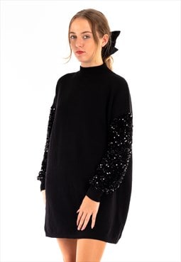 Sequin embellished full sleeves jumper dress in black