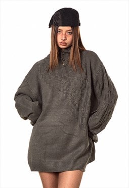 Knitted hoodie grunge pullover textured knit top in grey