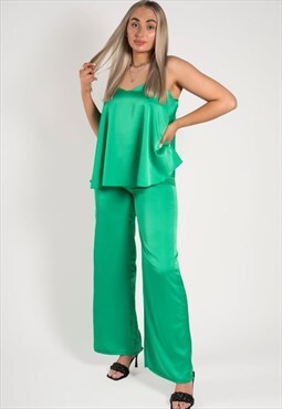 Green Satin Cami Top & Wide Leg Trousers Co-Ord