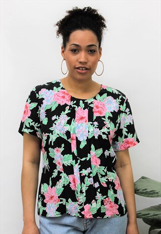 VINTAGE 1980S BLACK FLORAL BUTTONED BACK TOP