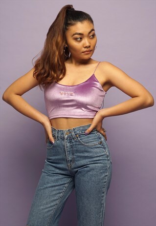 LILAC LOVE HEART SLOGAN VELVET CROPPED CAMI