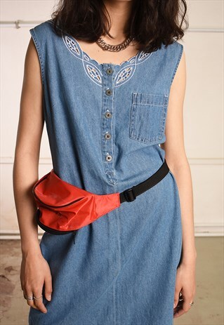 VINTAGE 90'S RETRO DENIM FESTIVAL PINAFORE MINI DRESS
