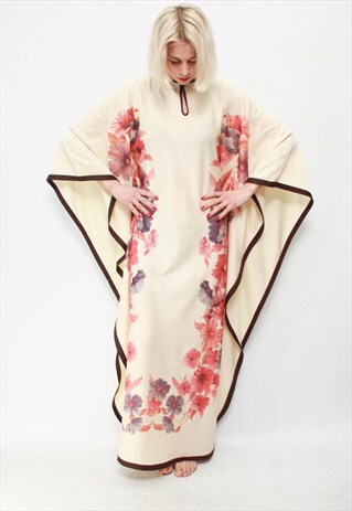 VINTAGE 70' UNIQUE FLOWER MAXI CREM DRESS WITH LOOSE SLEEVES