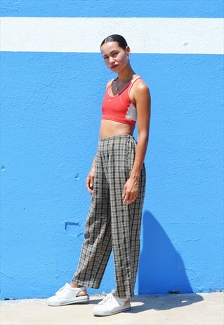 90S MINIMAL TAN AND BLACK PLAID TROUSERS