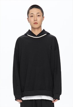 Pearl attachment hoodie drop shoulder pullover in black