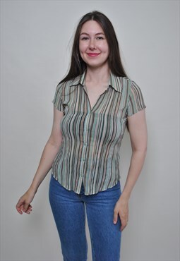 Summer striped blouse, transparent button up shirt