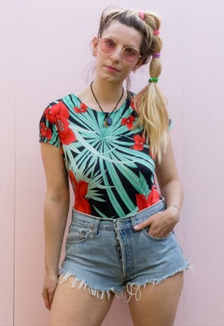 VINTAGE 80'S FLORAL PALM PRINT BODYSUIT
