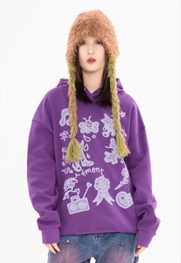 Psychedelic hoodie scribble print pullover grunge top purple