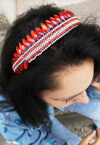RED BEADING AND RHINESTONES MADE ZERO WASTE HAIRBAND