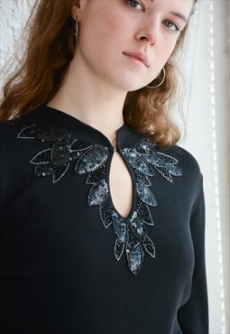 Vintage Black Sequin Front high Collar Knitted Top