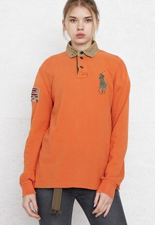VINTAGE ORANGE POLO RALPH LAUREN LONG SLEEVE POLO SHIRT TOP
