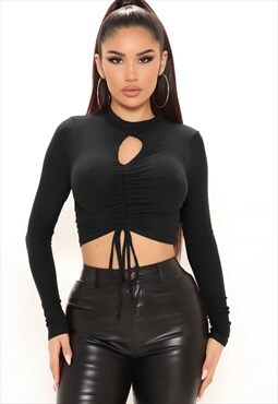 Black Ruched Keyhole Long Sleeve Top