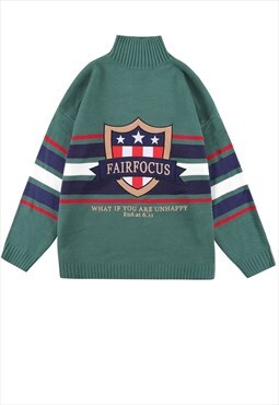 American flag sweater turtle neck baseball jumper in green