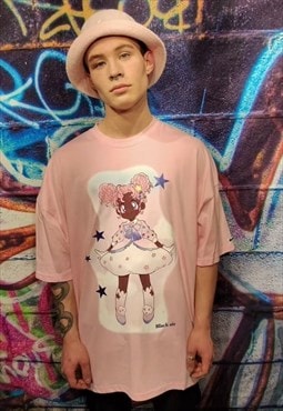 Anime print tee Kawaii girl t-shirt rave slogan top in pink