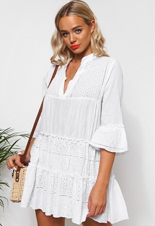 ZARA WHITE BRODERIE SMOCK DRESS