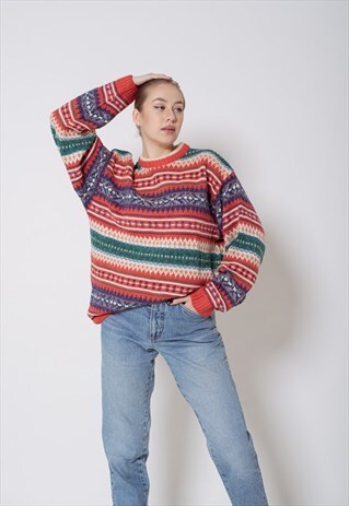 VINTAGE 90S NORDIC PATTERN BOXY FIT UNISEX JUMPER W WOOL L