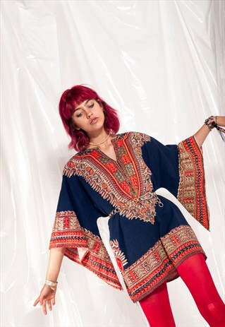 VINTAGE TOP 70S HIPPIE FLARE SLEEVE MINI DRESS TRIBAL BLOUSE